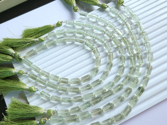 Natural Green Amethyst Faceted Cylindrical Gemstone Beads