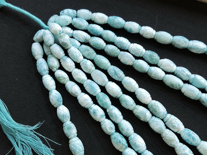 Natural Larimar Barrel Shape Hand-Carved Beads
