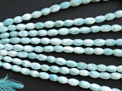 Natural Larimar Barrel Shape Hand-Carved Beads