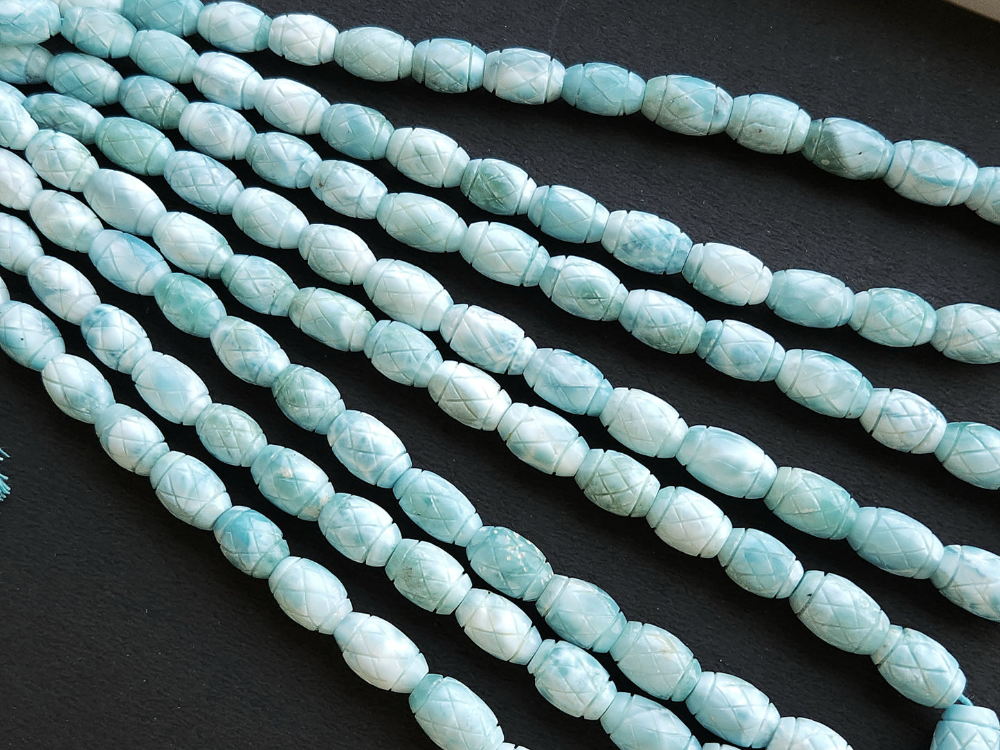Natural Larimar Barrel Shape Hand-Carved Beads