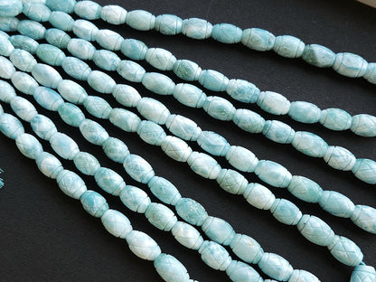 Natural Larimar Barrel Shape Hand-Carved Beads