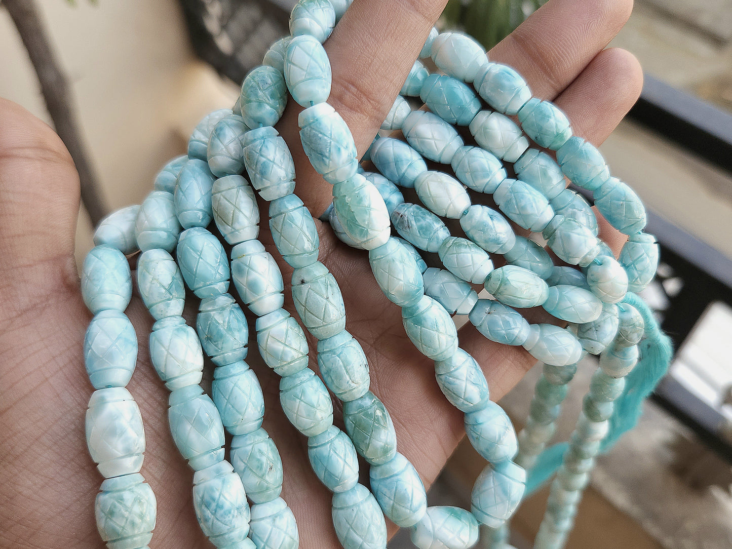 Natural Larimar Barrel Shape Hand-Carved Beads