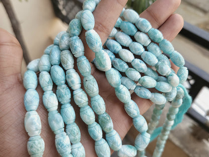 Natural Larimar Barrel Shape Hand-Carved Beads