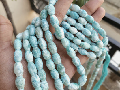 Natural Larimar Barrel Shape Hand-Carved Beads