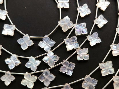 Natural Mother of Pearl and Crystal Triplet Flower Carved Square Shape Beads