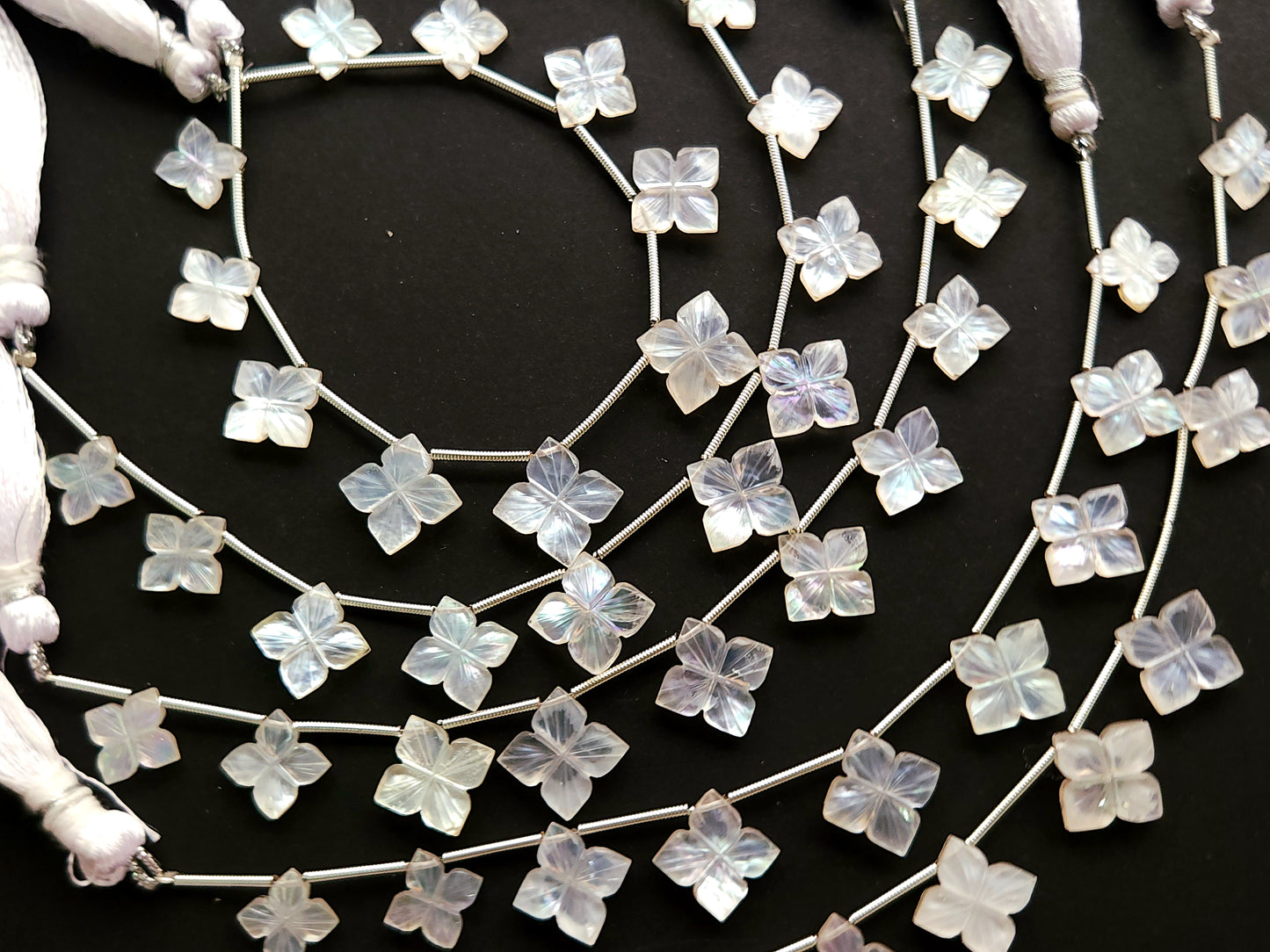 Natural Mother of Pearl and Crystal Triplet Flower Carved Square Shape Beads