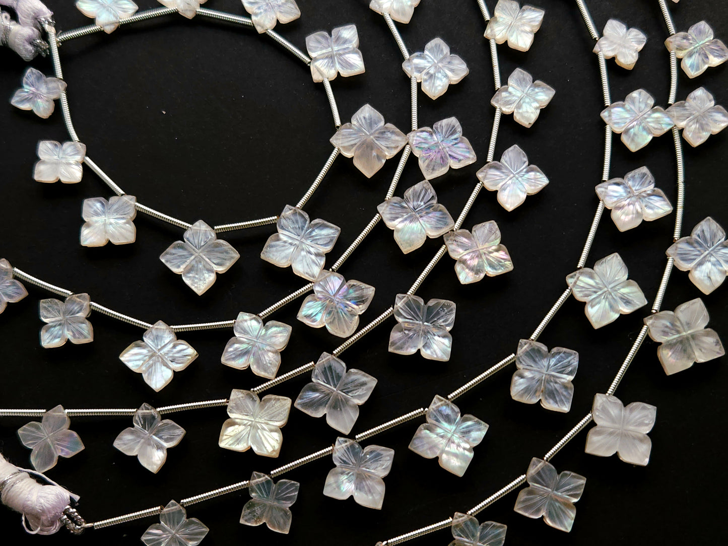 Natural Mother of Pearl and Crystal Triplet Flower Carved Square Shape Beads