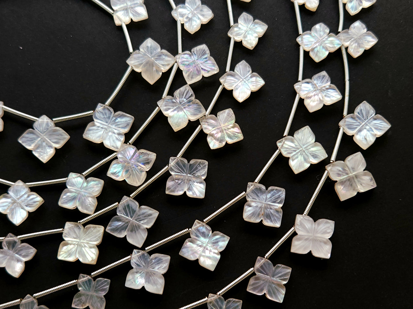Natural Mother of Pearl and Crystal Triplet Flower Carved Square Shape Beads