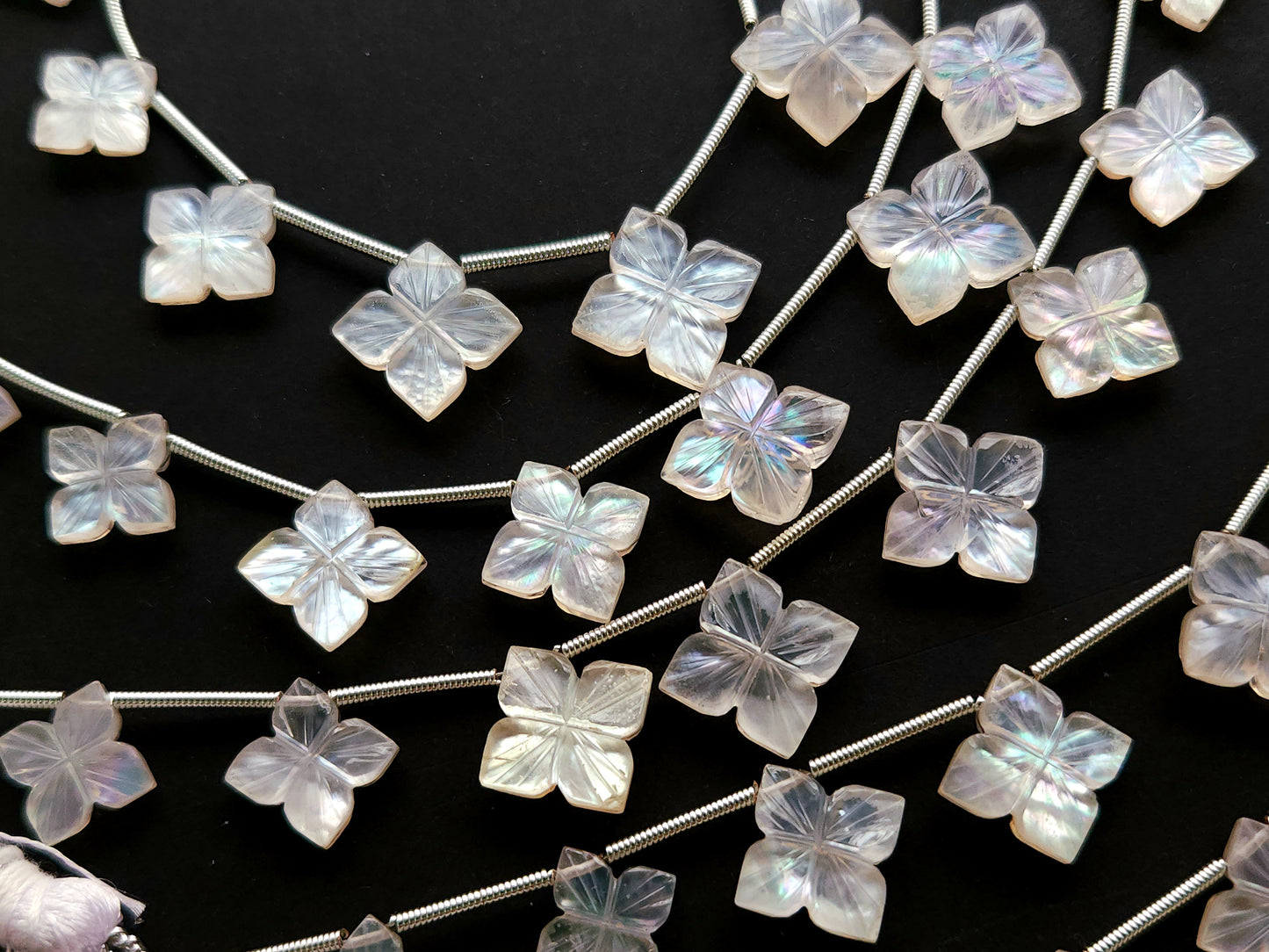 Natural Mother of Pearl and Crystal Triplet Flower Carved Square Shape Beads