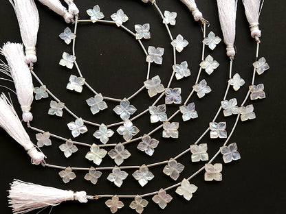 Natural Mother of Pearl and Crystal Triplet Flower Carved Square Shape Beads