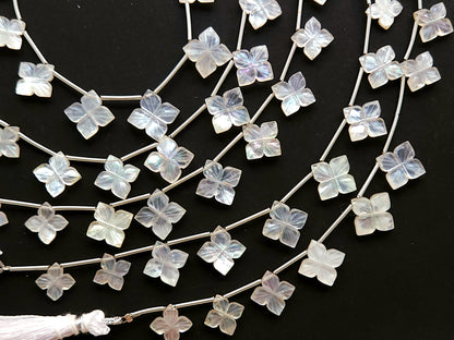 Natural Mother of Pearl and Crystal Triplet Flower Carved Square Shape Beads