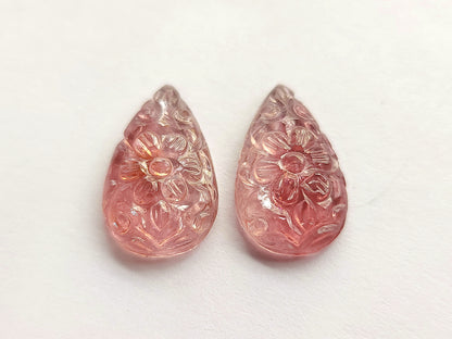 Natural Pink Tourmaline Pear Shape Carved Pair