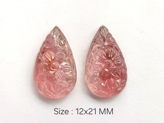 Natural Pink Tourmaline Pear Shape Carved Pair