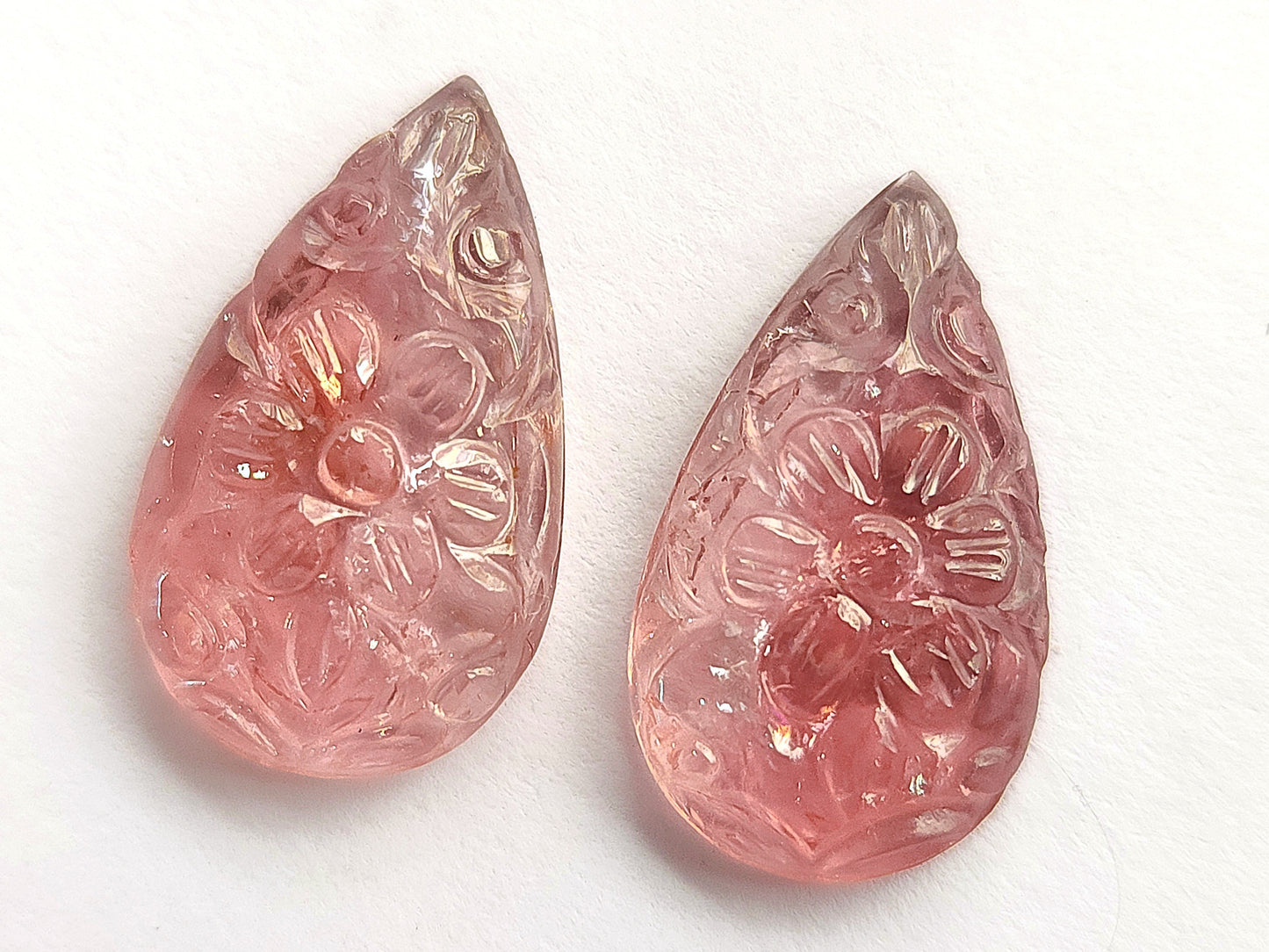 Natural Pink Tourmaline Pear Shape Carved Pair