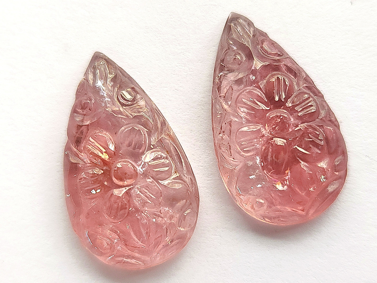Natural Pink Tourmaline Pear Shape Carved Pair
