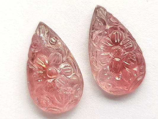 Natural Pink Tourmaline Pear Shape Carved Pair
