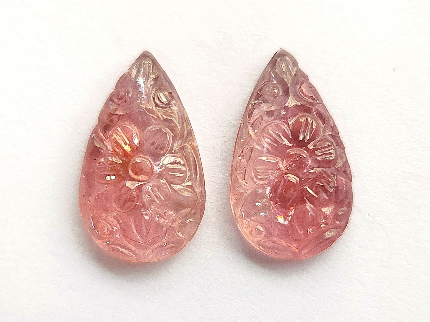 Natural Pink Tourmaline Pear Shape Carved Pair