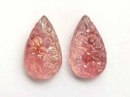 Natural Pink Tourmaline Pear Shape Carved Pair