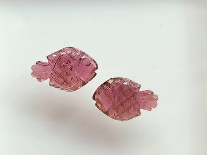 Natural Pink Tourmaline Carved Fish Pair