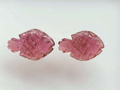 Natural Pink Tourmaline Carved Fish Pair