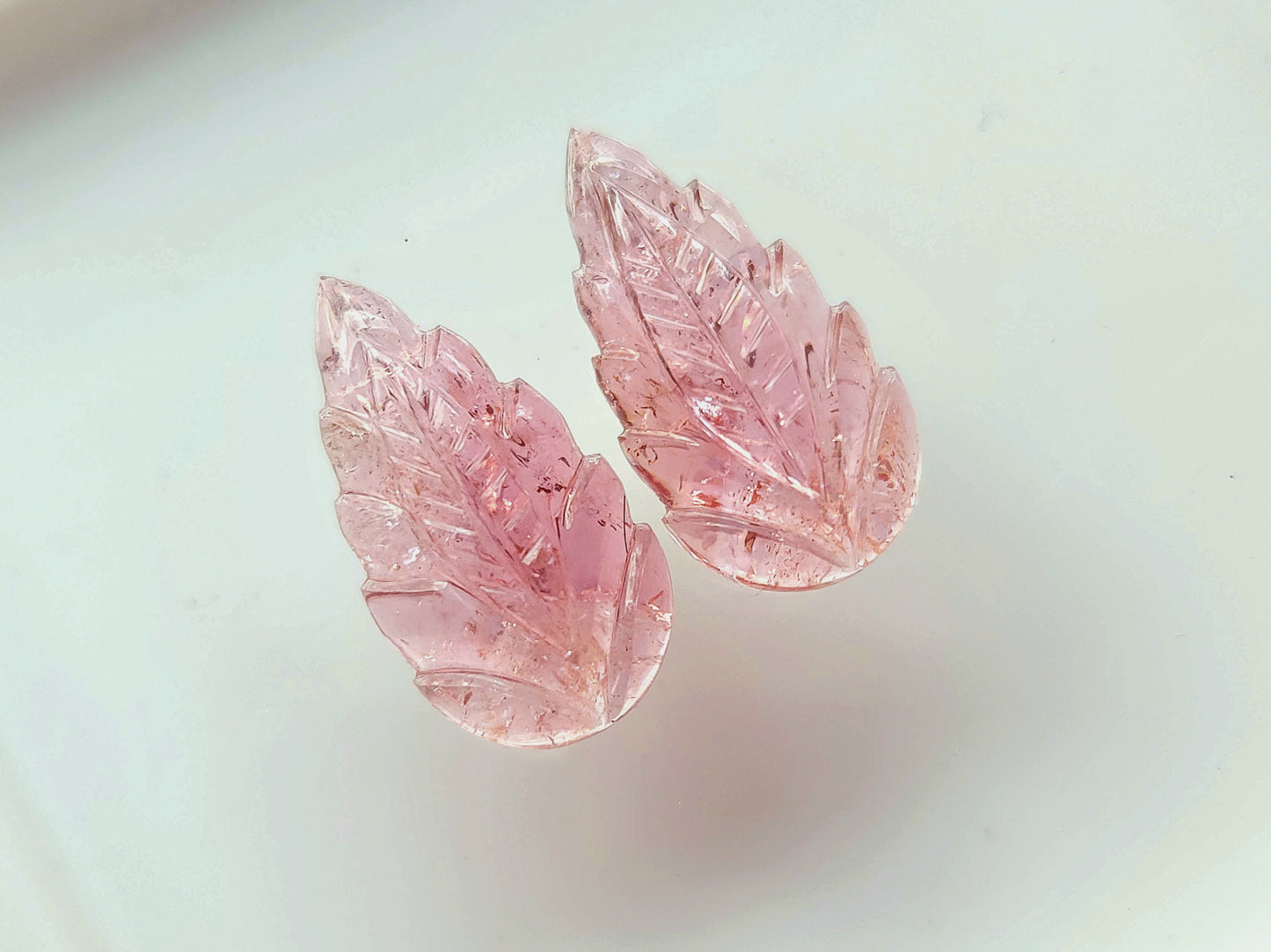 Natural Pink Tourmaline Carved Leaf Pair