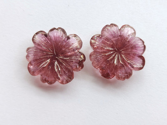 Rare! Natural Pink Tourmaline Carved Flower Pair
