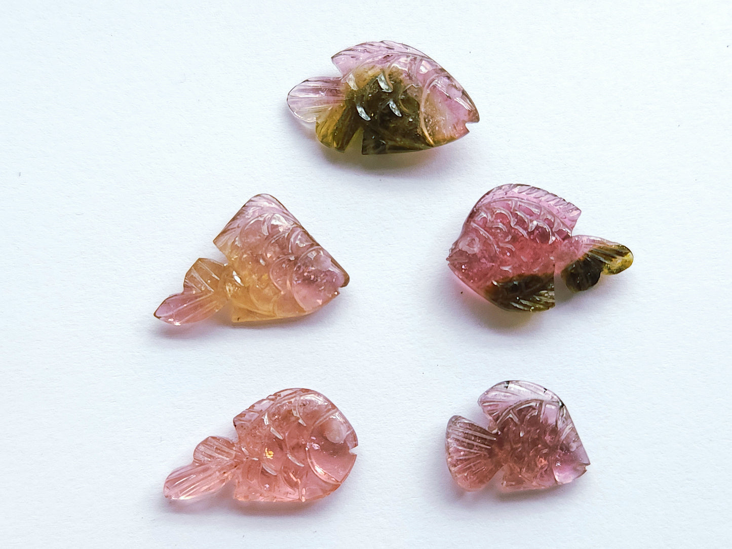 Natural Bi-Tourmaline Hand-Carved Fishes