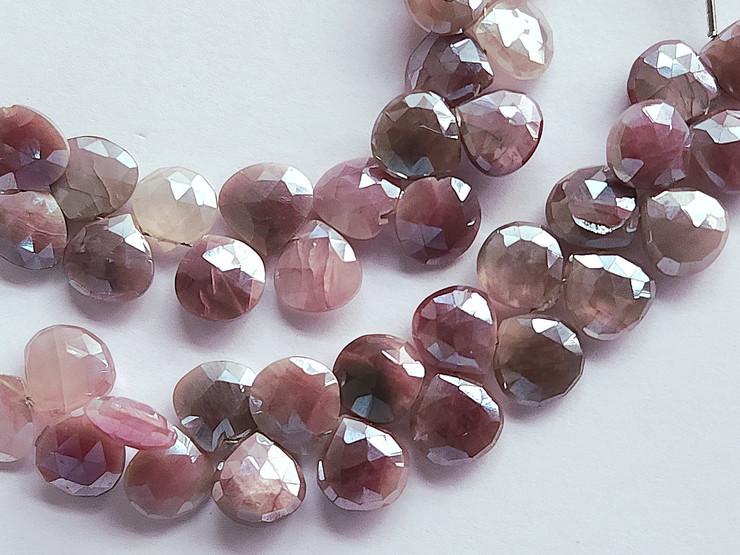 Pink Moonstone ( Coated ) Heart Shape Faceted Briolette Beads 