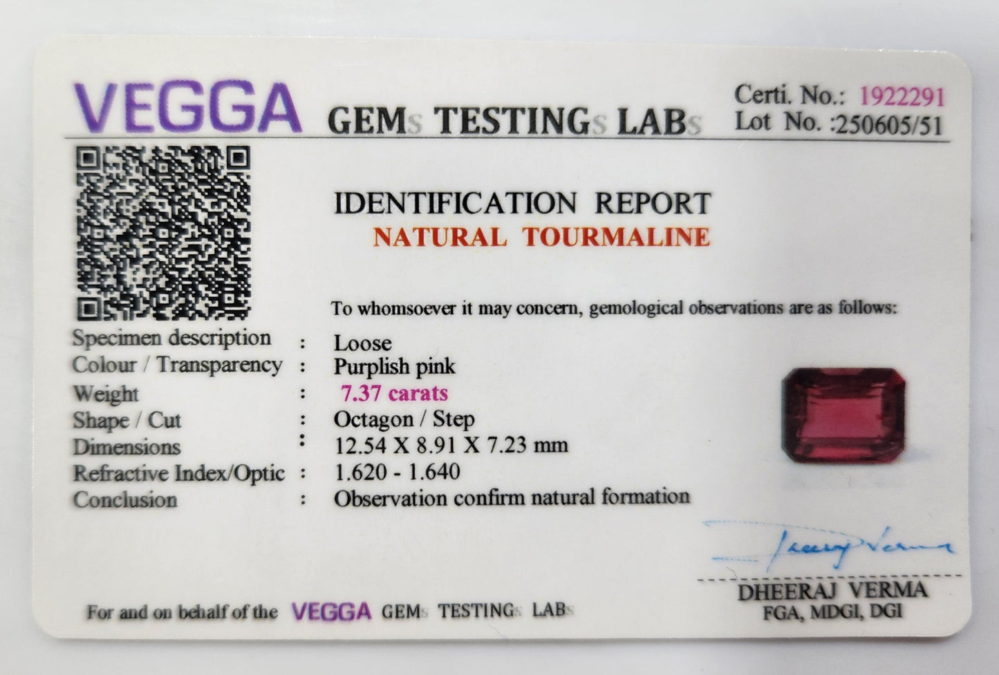 7.37 Carats Natural Pinkish Red Tourmaline Octagon Cut Gemstone