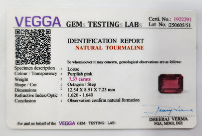 7.37 Carats Natural Pinkish Red Tourmaline Octagon Cut Gemstone