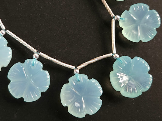 Aqua Blue Onyx Carved Flower Beads