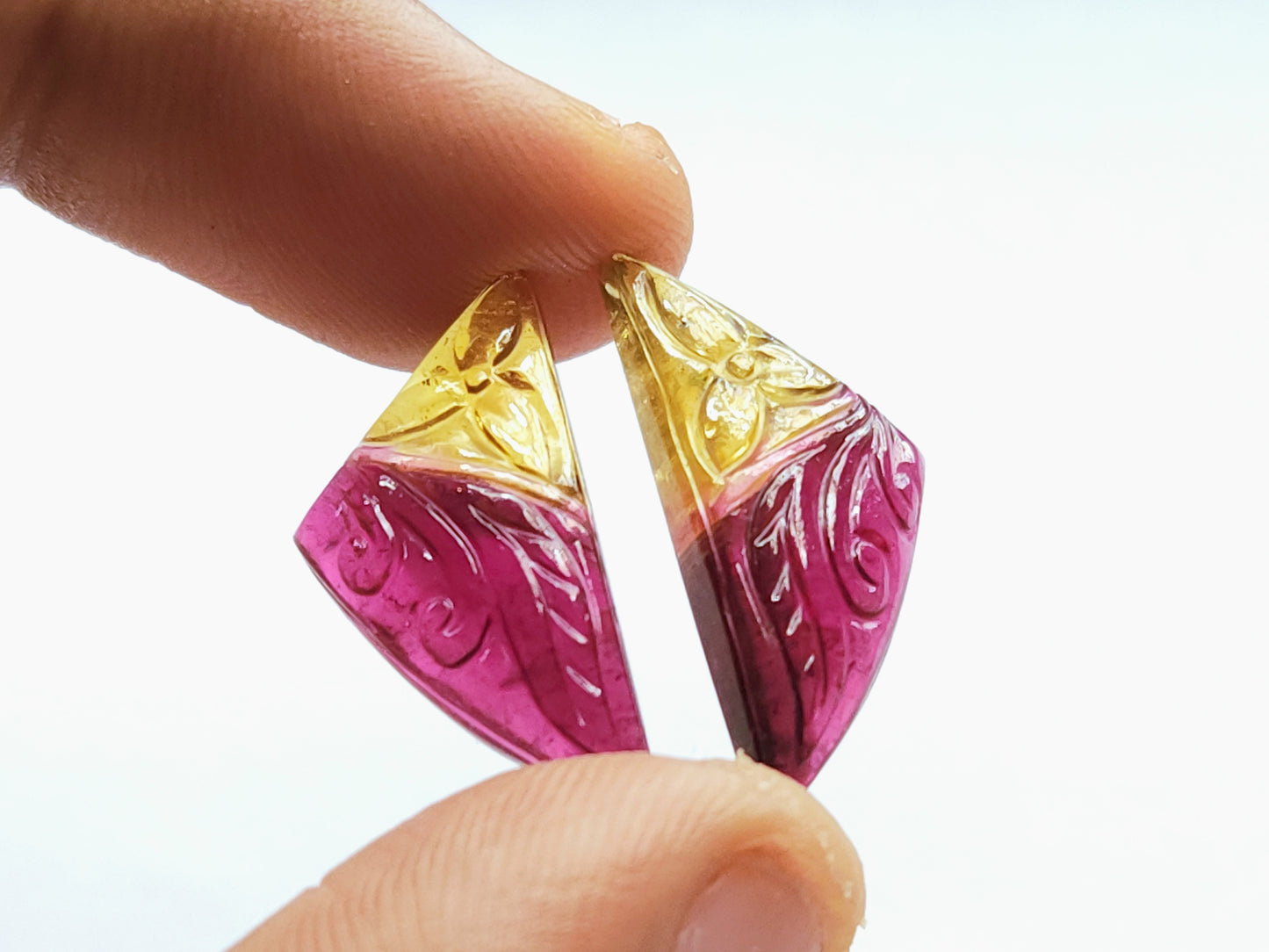 Natural Bio-Tourmaline Fancy Shape Carving Pair| Hand-Carved Pair Gemstone