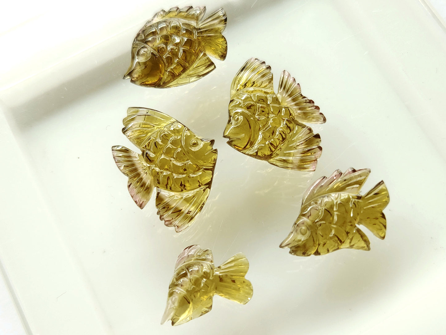 Unique! Natural Olive Tourmaline Carved Fishes