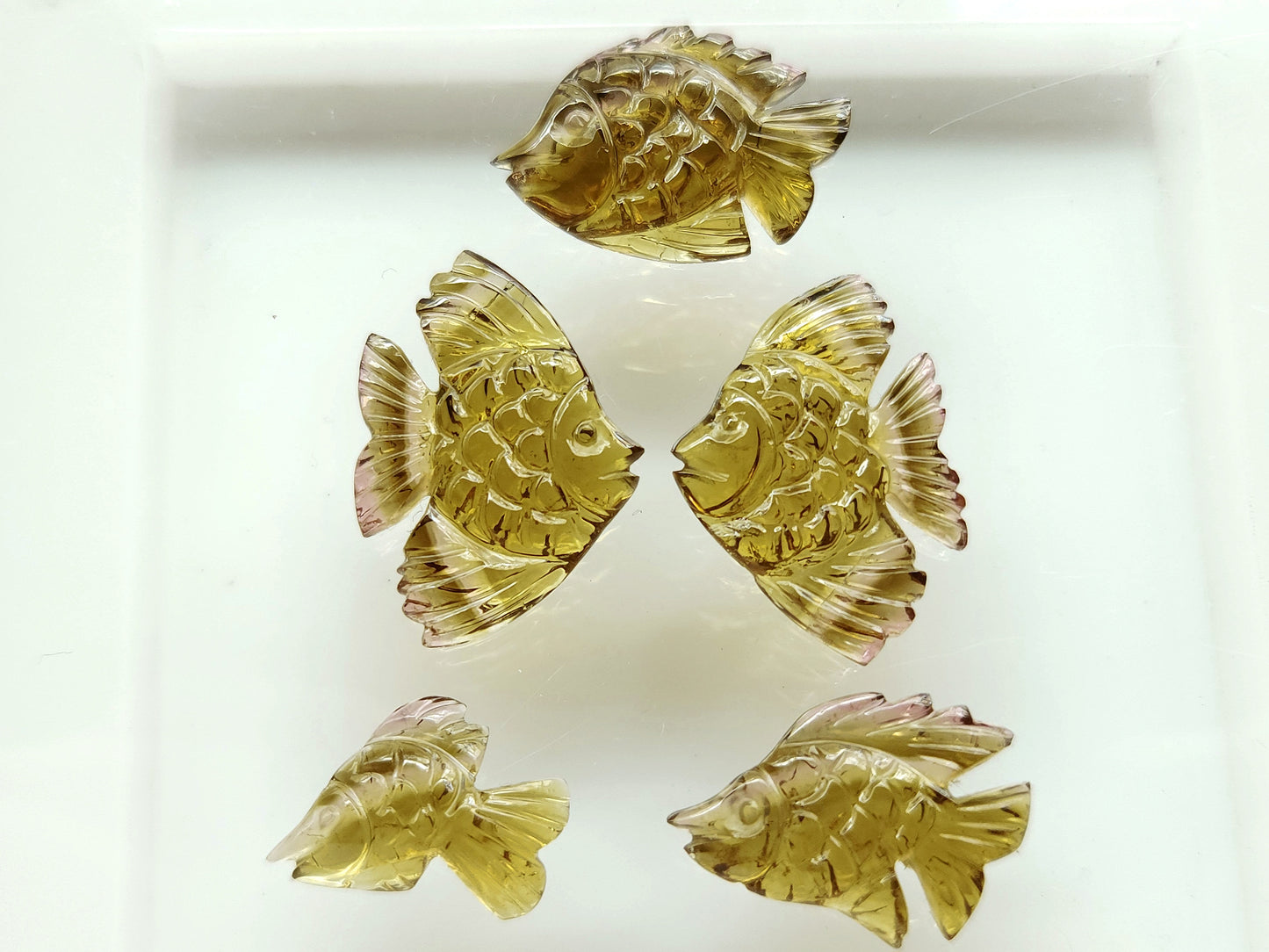 Natural Tourmaline Carved Fishes ( Olive Shade )