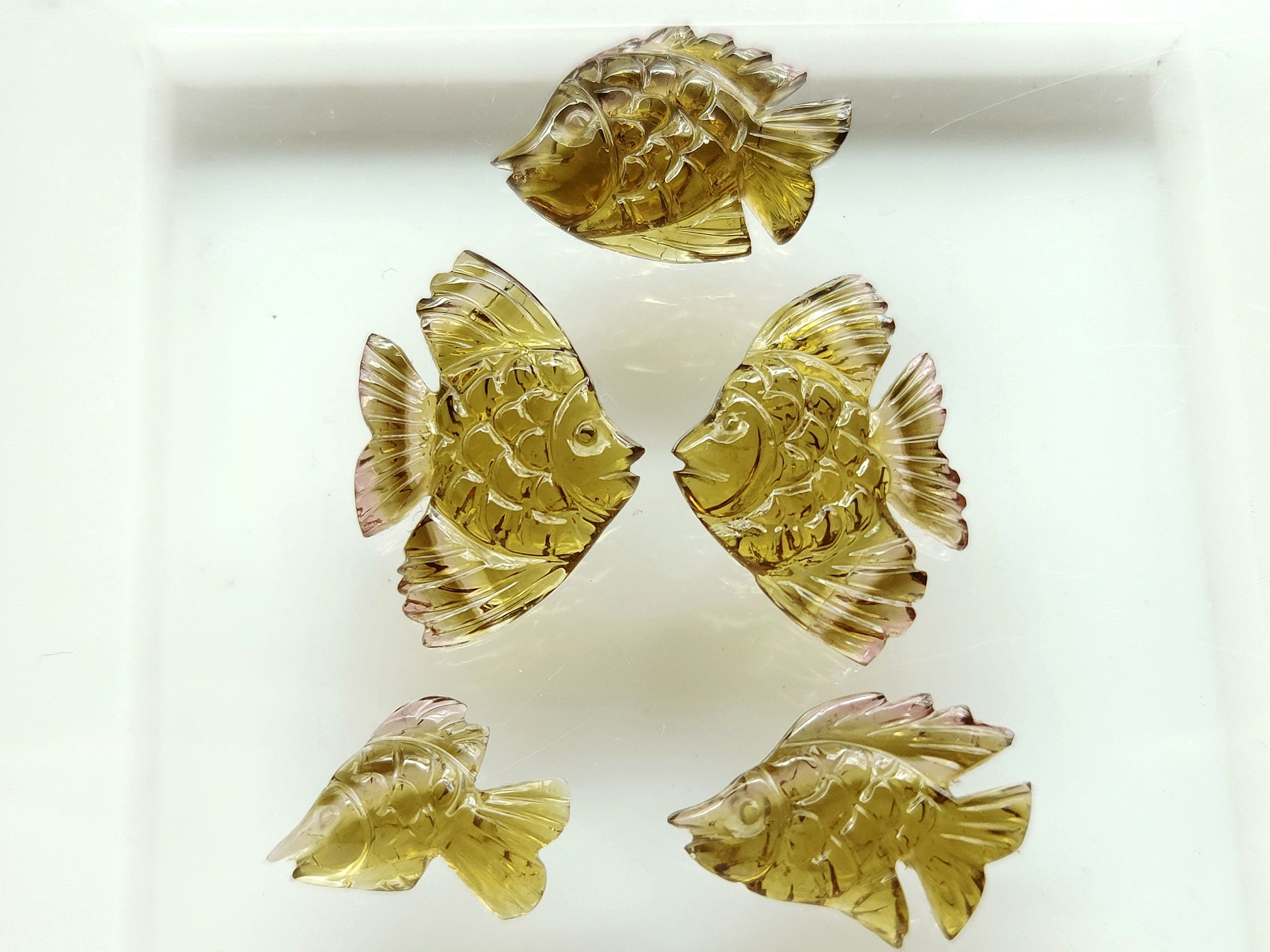 Natural Tourmaline Carved Fishes ( Olive Shade )