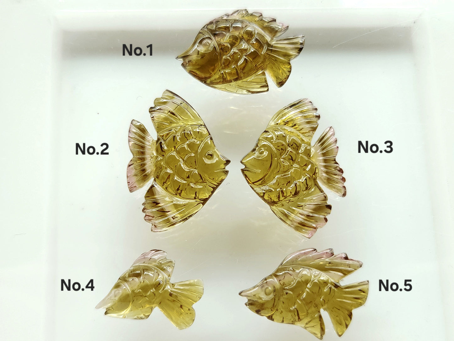 Unique! Natural Olive Tourmaline Carved Fishes