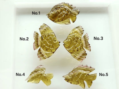 Unique! Natural Olive Tourmaline Carved Fishes