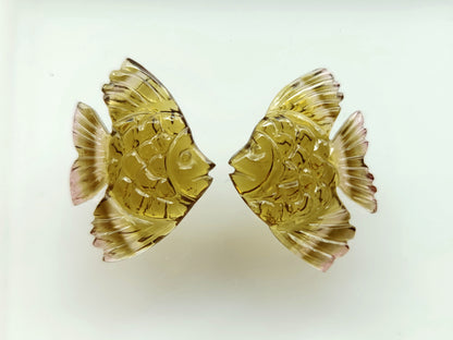 Unique! Natural Olive Tourmaline Carved Fishes