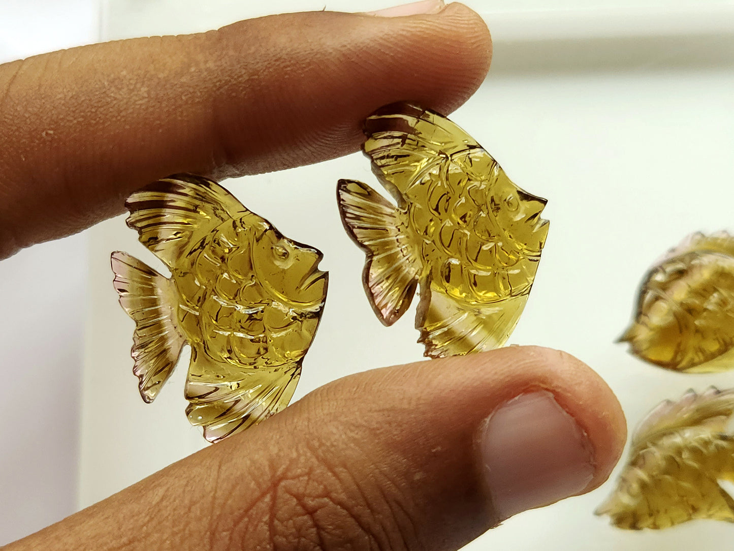 Unique! Natural Olive Tourmaline Carved Fishes
