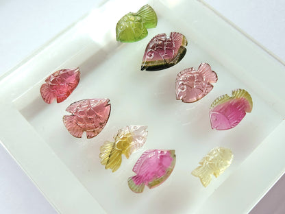 Rare! Natural Bi-Tourmaline Carved Fishes