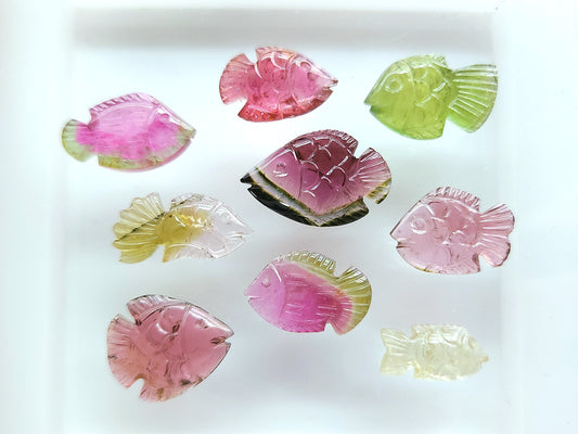 Rare! Natural Bi-Tourmaline Carved Fishes