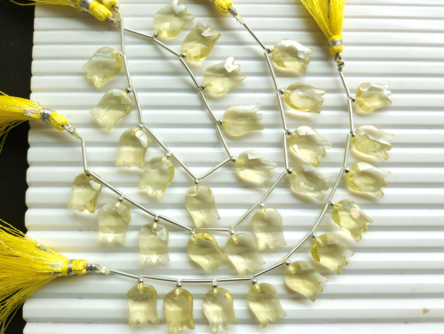 Natural Lemon Quartz Tulip Hammered Faceted Cut Briolette Beads