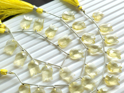 Natural Lemon Quartz Tulip Hammered Faceted Cut Briolette Beads