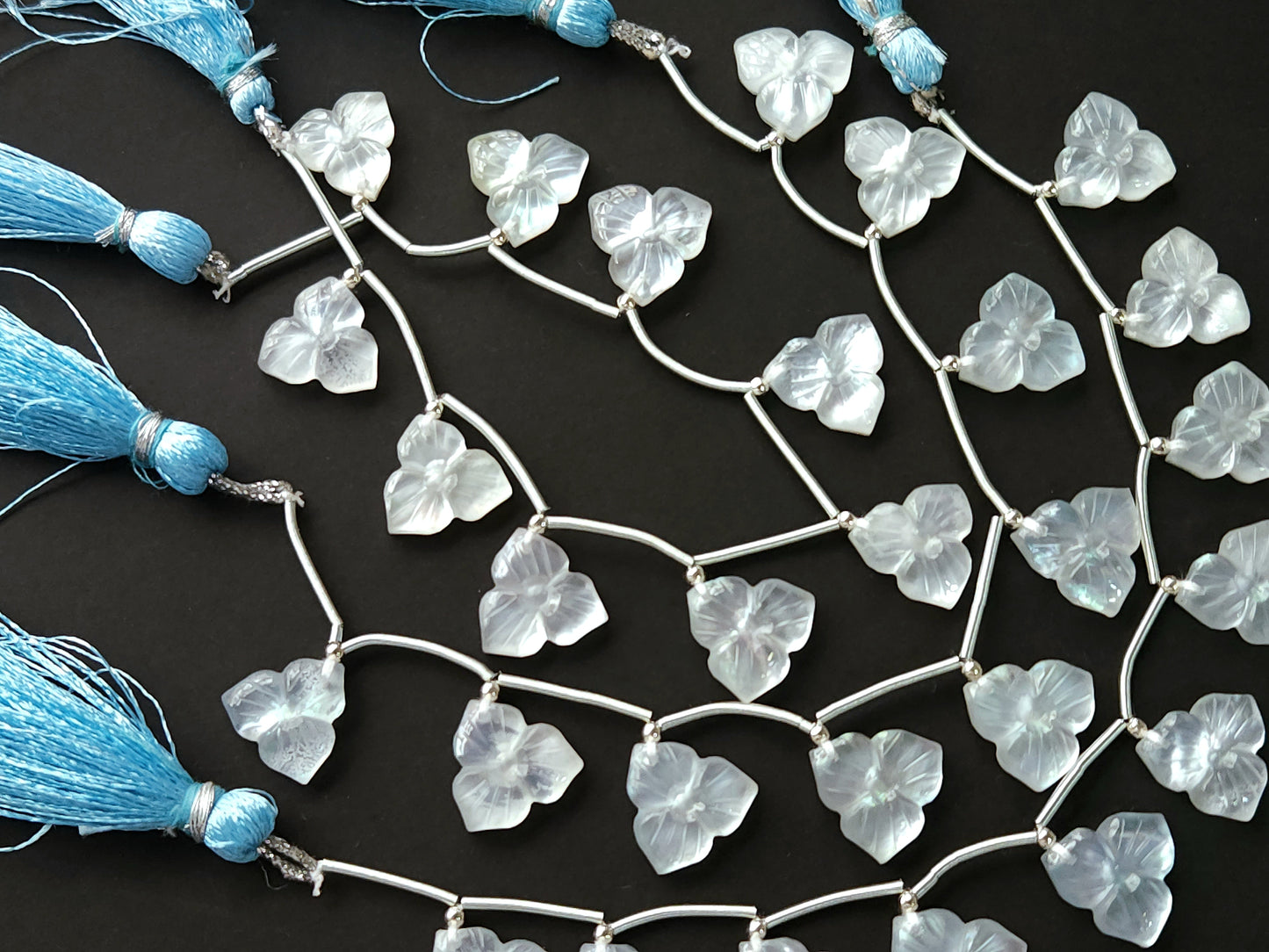 Natural Crystal & Mother of Pearl Triplet Carved Flower Beads| 10 Pieces