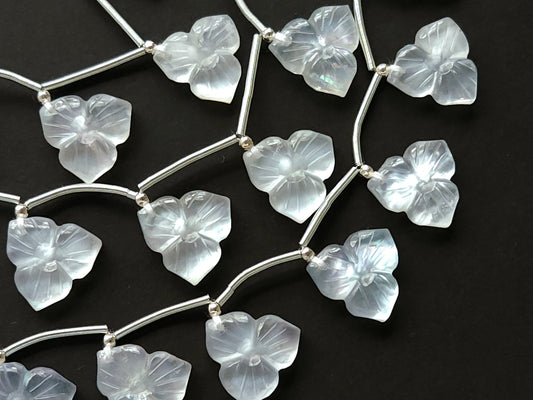 Natural Crystal & Mother of Pearl Triplet Carved Flower Beads