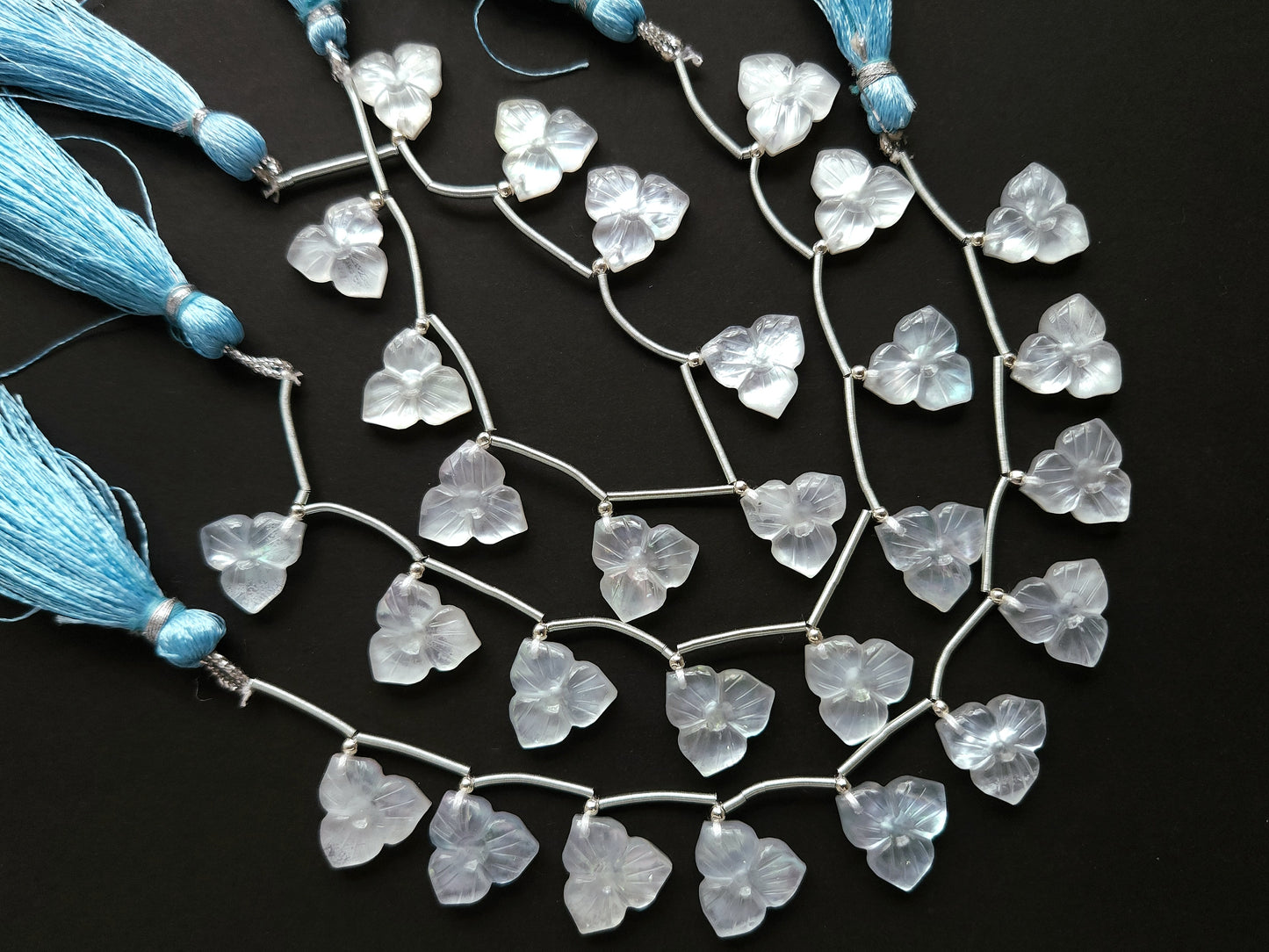 Natural Crystal & Mother of Pearl Triplet Carved Flower Beads| 10 Pieces