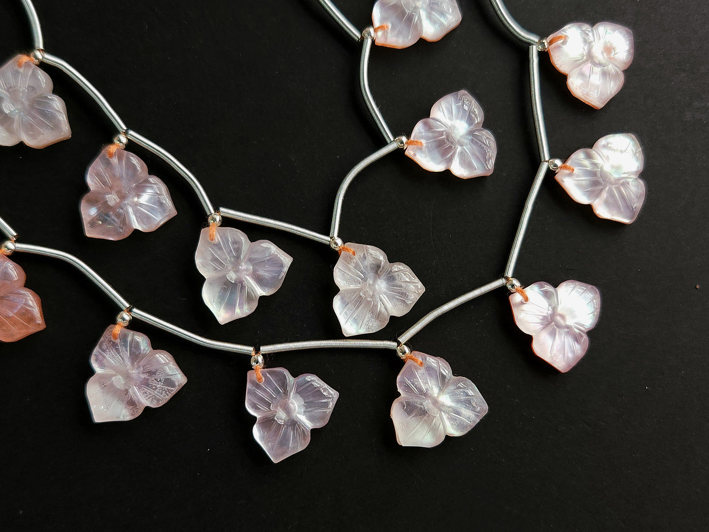 Natural Crystal & Mother of Pearl Triplet Carved Flower Beads