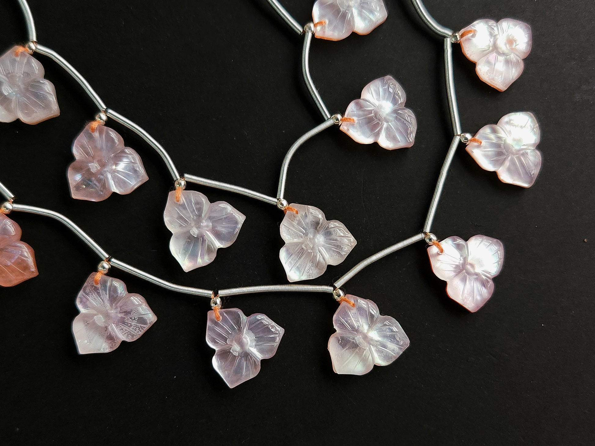 Natural Crystal & Mother of Pearl Triplet Carved Flower Beads