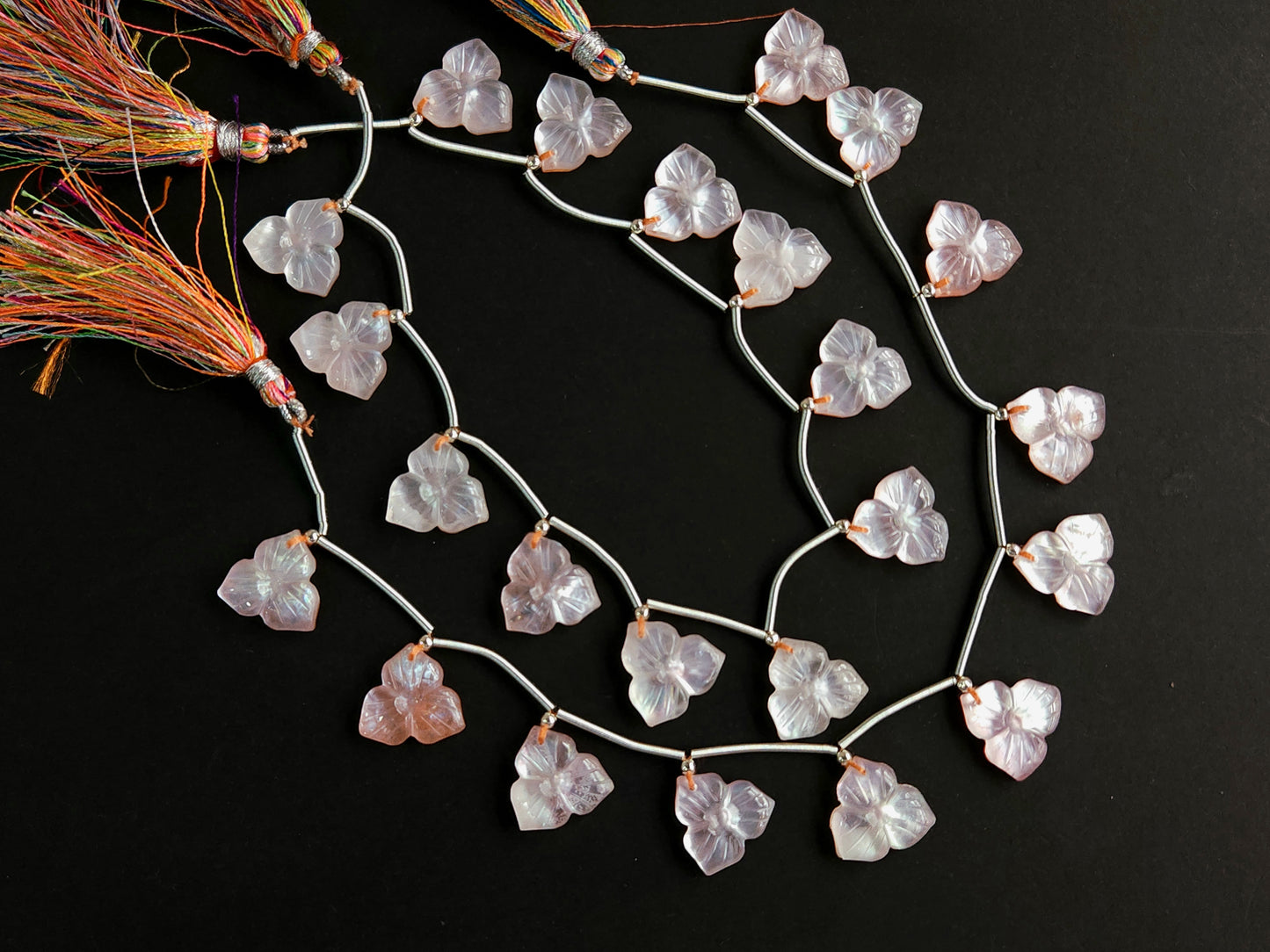 Natural Crystal & Mother of Pearl Triplet Carved Flower Beads| 10 Pieces