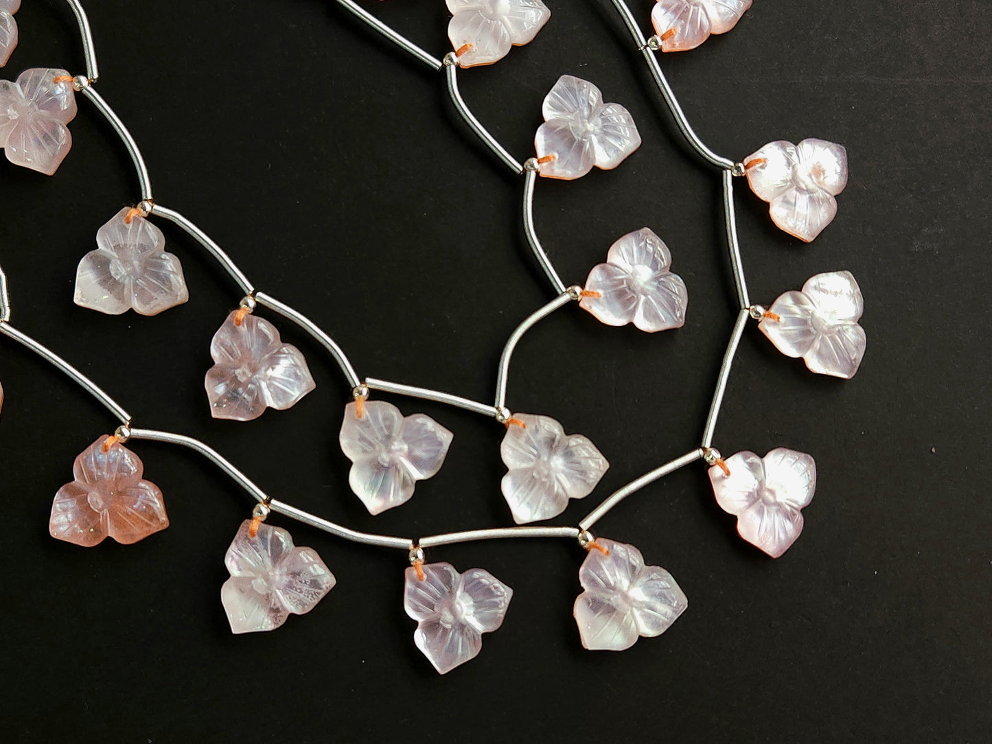 Natural Crystal & Mother of Pearl Triplet Carved Flower Beads| 10 Pieces